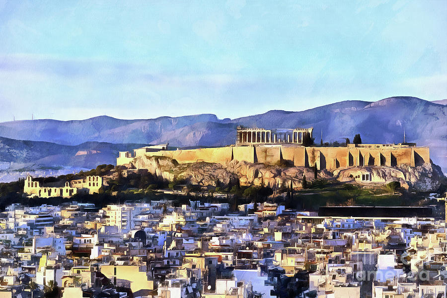 Painting of Acropolis of Athens and theatre of Herodus Atticus during sunset Painting by George Atsametakis