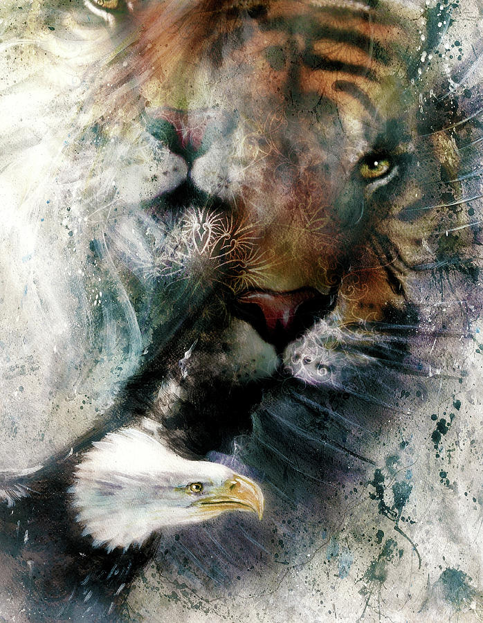 Painting Of Eagle And Tiger, Abstract Background, Color With Spot