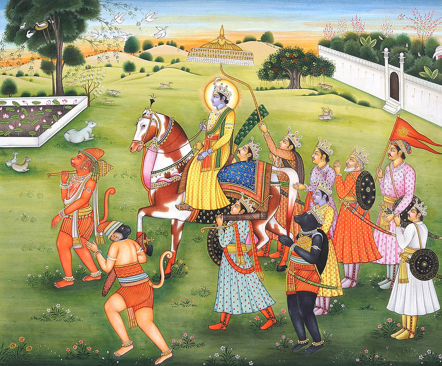 Painting of  Epic Ramayana, Lord Rama Hanuman Indian Miniature painting, Watercolor Artwork India Painting by B K Mitra