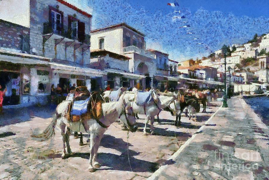 Painting of horses and mules in Hydra island Painting by George Atsametakis