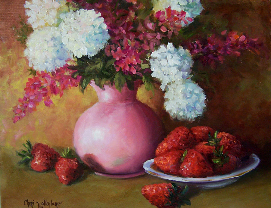 Painting of Pink Pitcher and Strawberries Painting by Cheri Wollenberg
