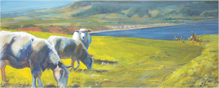 Painting of Sheep on a Cliff Top Painting by Mike Jory