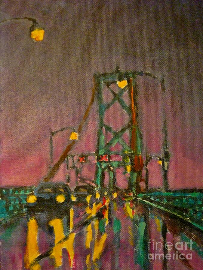 Bridge Painting - Painting of Traffic on Wet Bridge Deck at Night by John Malone