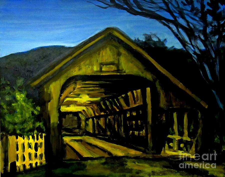 Bridge Painting - Painting of Woodstock Bridge Vermont at Night by John Malone