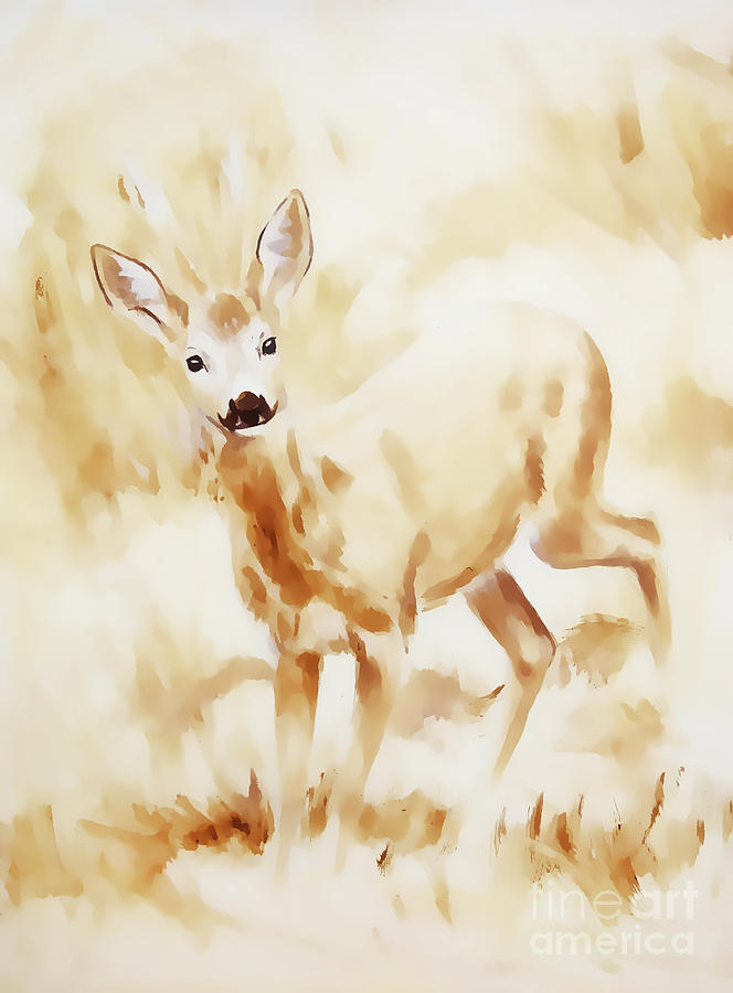 Deer Painting - painting of young deer in wild landscape with high grass. sepia effect. Eye contact. watercolor effect. by Jozef Klopacka