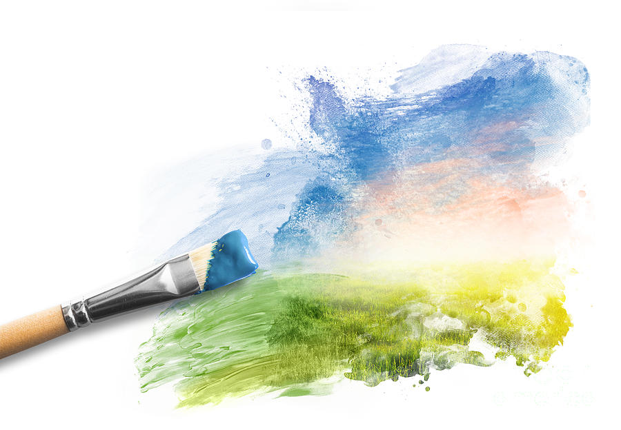 Painting the spring landscape. Brush with blue paint over sky and green ...