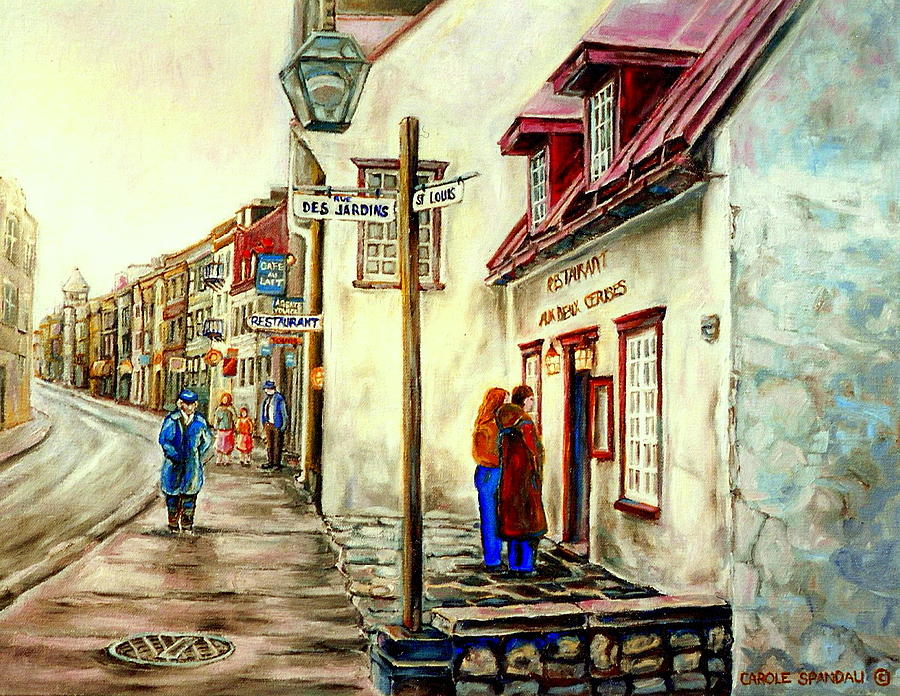 Paintings Of Quebec Landmarks Aux Anciens Canadiens Restaurant Rainy Morning October City Scene  Painting by Carole Spandau