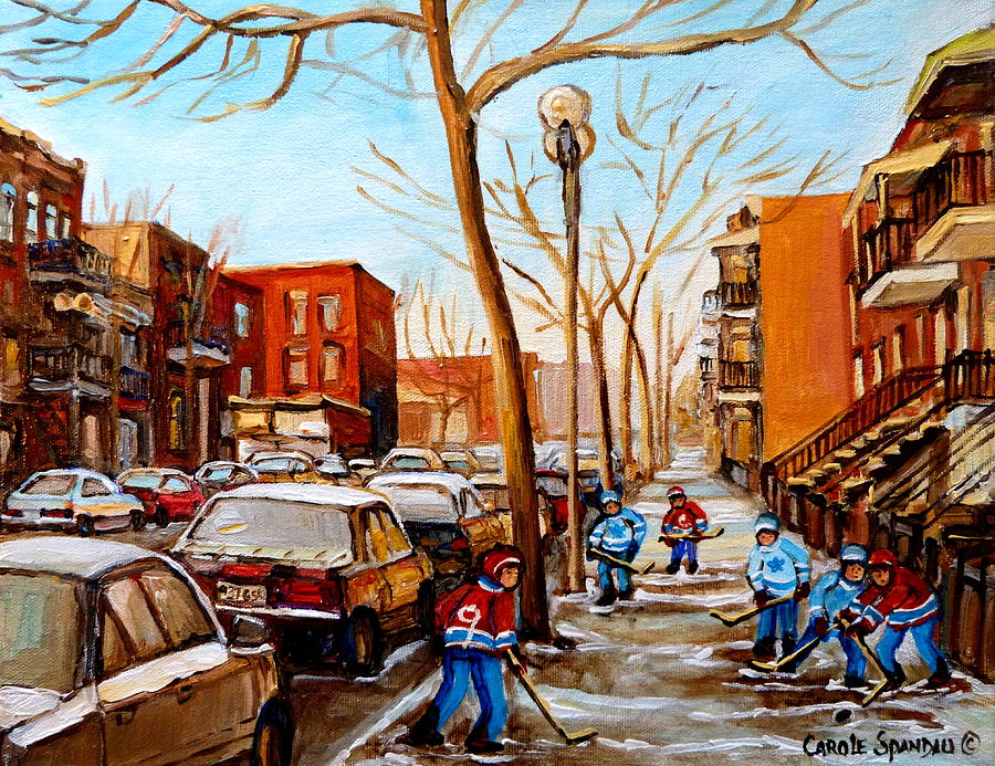 Hockey Painting - Paintings Of Verdun Streets In Winter Hockey Game Near Row Houses Montreal City Scenes by Carole Spandau