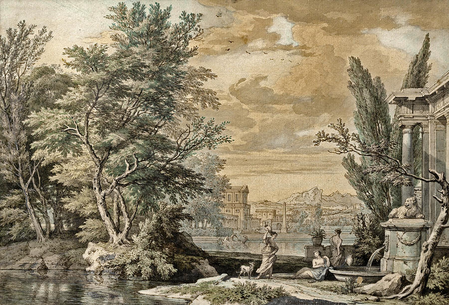 Pair of architectural cappricci in an Italian landscape Painting by Isaac de Moucheron