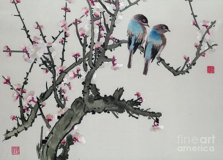 Pair of birds on a cherry branch Painting by Chinese School