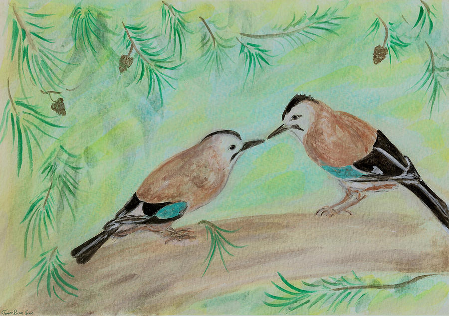 Nature Painting - Pair of Jays kissing by Tomer Rosen Grace