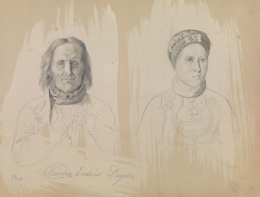 Pal Knutsen Enderud, Uvdal and Woman Drawing by Adolph Tidemand