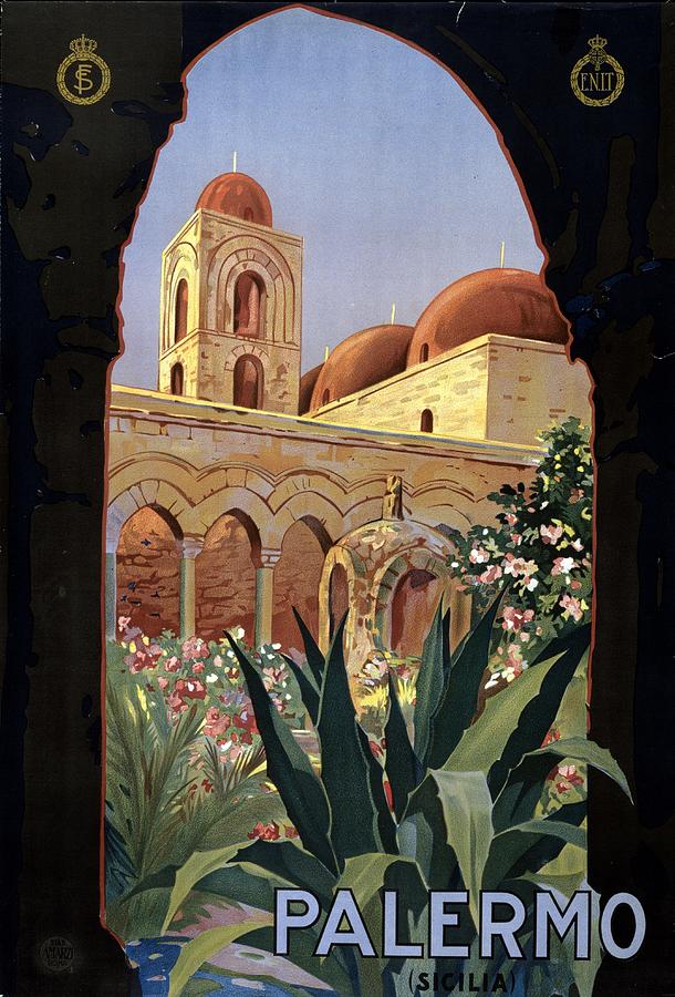 Palermo, Sicily, Italy - Garden Courtyard With Arcade And Tower - Retro Travel Poster Mixed Media