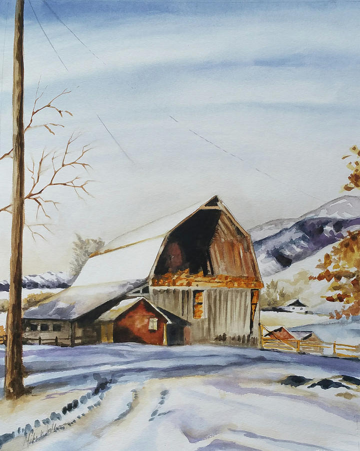 Winter Painting - Palfreyman Barn by Mike Worthen