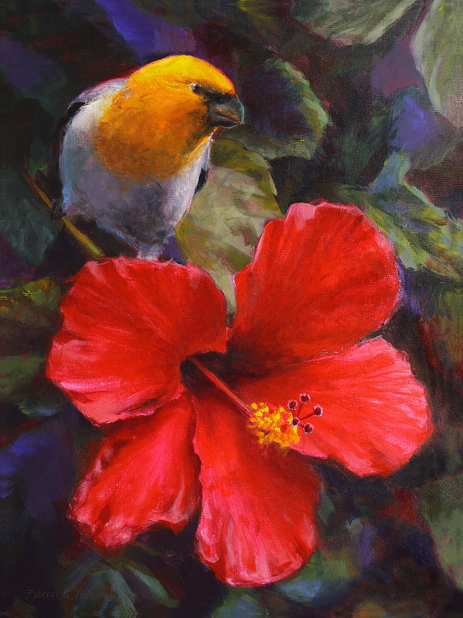 Palila and Hibiscus - Hawaiian Painting Painting by K Whitworth