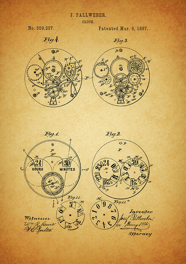 Watch Patent Mixed Media - Pallweber Pocket Watch Patent by Dan Sproul Watch Patent Mixed Media - Pallweber Pocket Watch Patent by Dan Sproul