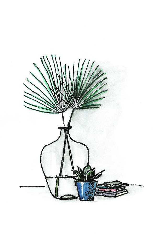 Palm leaves, books, succulent Painting by Masha Batkova