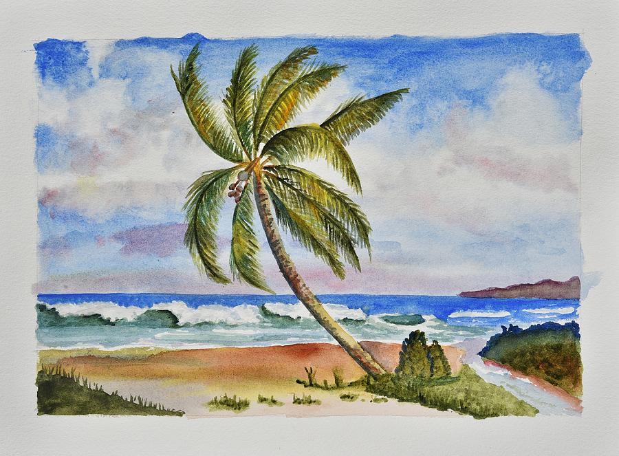 Palm Tree Ocean Scene Painting by Linda Brody