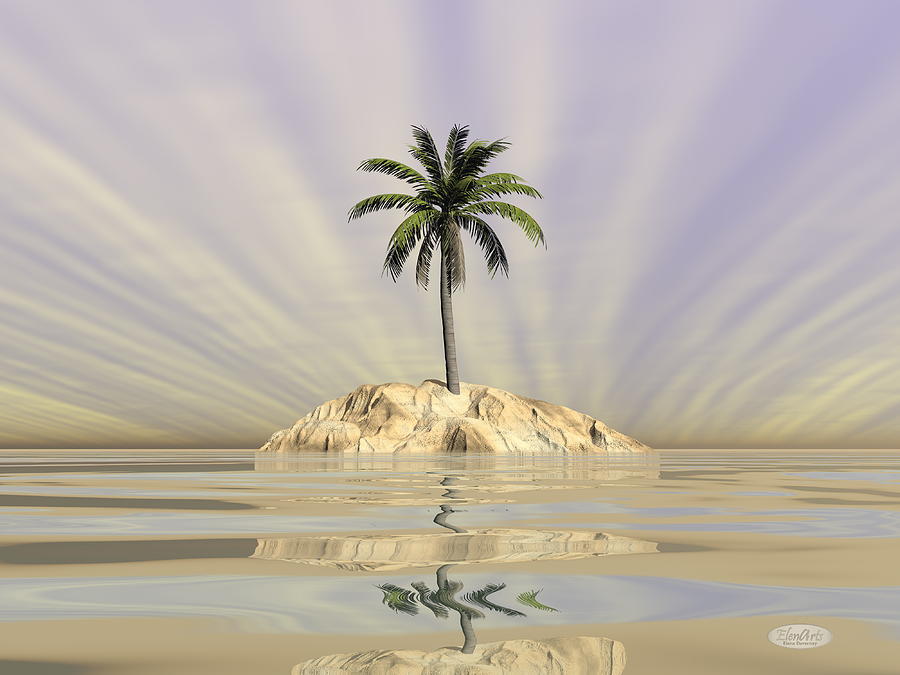 Palm tree on an island in middle of the ocean - 3D render Digital Art