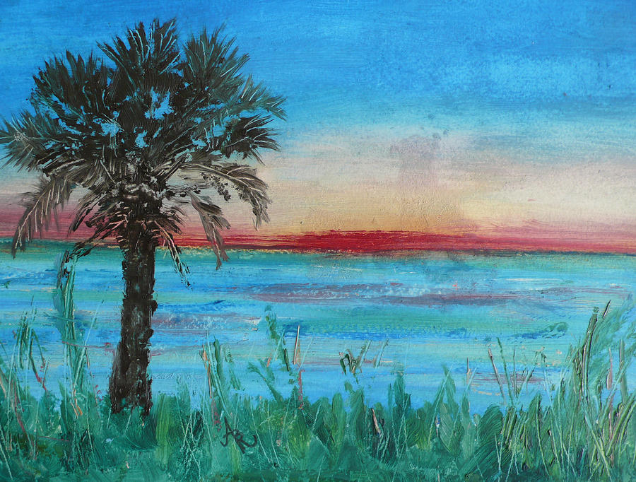 Palm Tree on Sunset Beach Painting by Anna Ruzsan