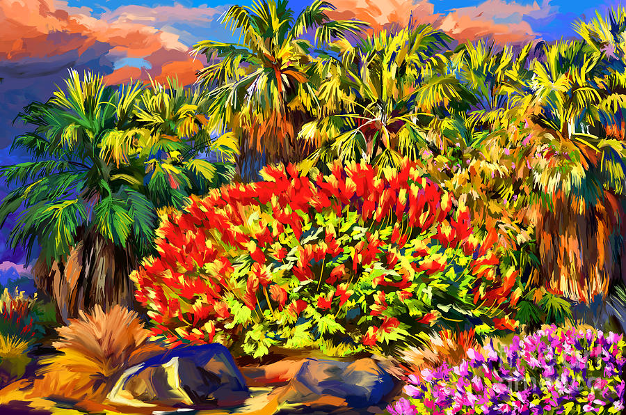 Palm Trees And Dwarf Poinciana Red Bird Of Paradise Bush Desert Willow Painting by Tim Gilliland