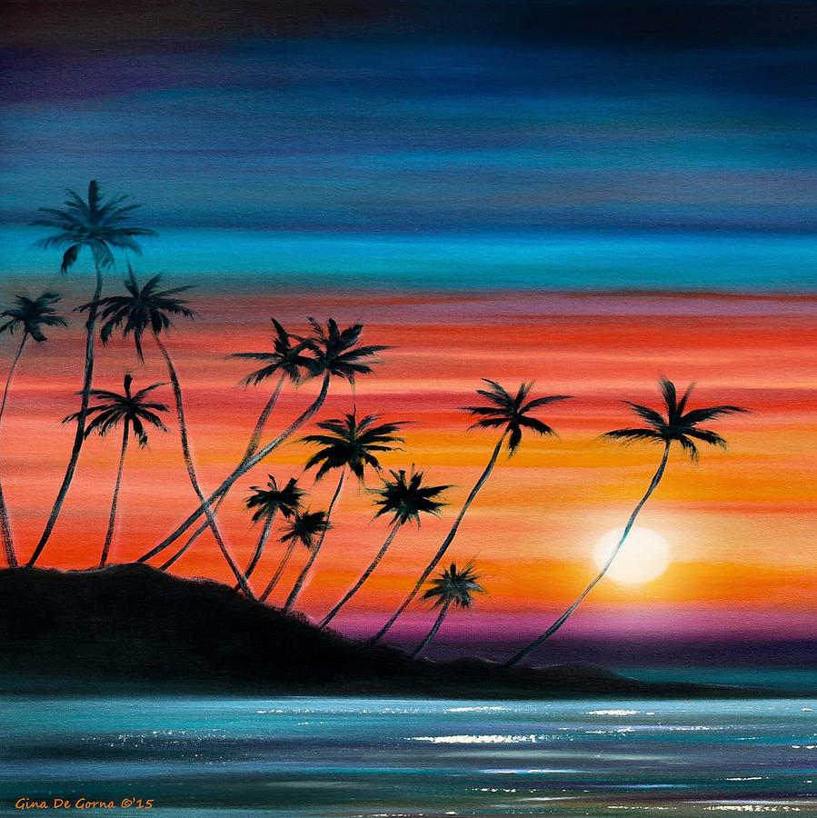 Palm Trees Beach - Square Sunset Painting by Gina De Gorna