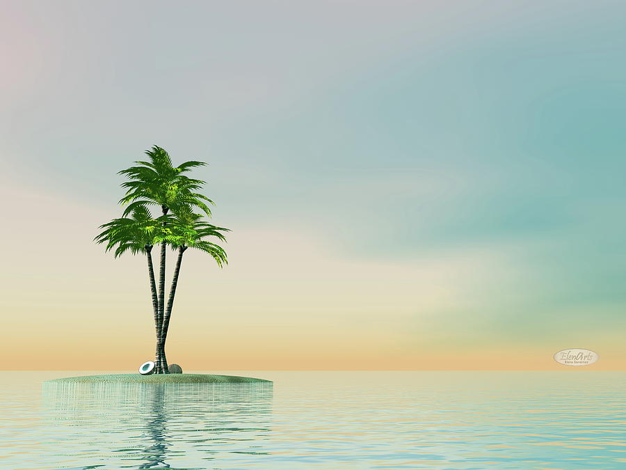 Palm trees on an island in middle of the ocean - 3D render Digital Art