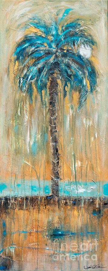 Palm with Teal River Painting by Linda Olsen