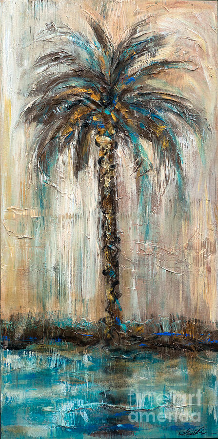 Palm with teal river reflection Painting by Linda Olsen
