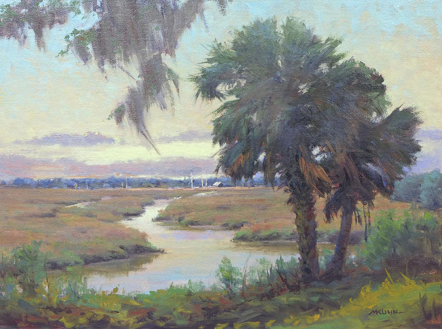 Sunset Painting - Palmetto and Masrsh by Marianne Kuhn