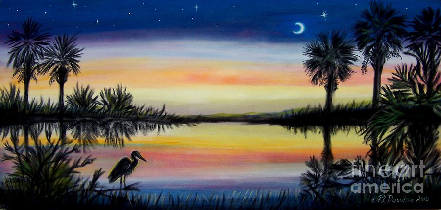 Palmetto Tree and Moon Low Country Sunset Painting by Pat Davidson
