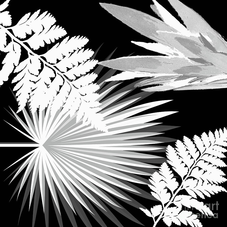 Palms And Ferns Tropical Pattern In Black And White Painting by Saundra Myles