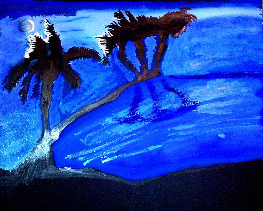 Palms beneath a silvery moon Painting by Lorna Lorraine