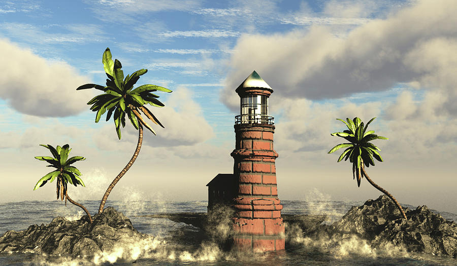PalmTree Beach Lighthouse Digital Art by John Junek