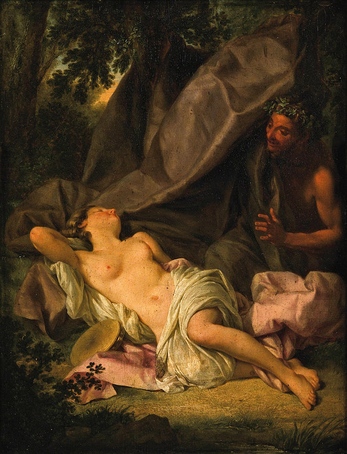 Pan spying on a sleeping nymph Painting by French School