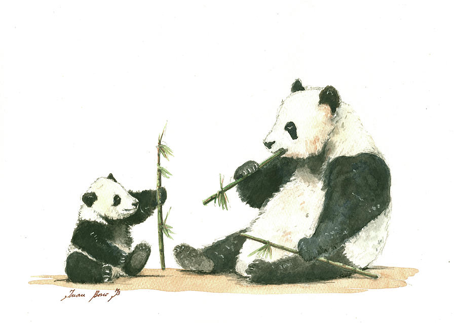 Panda Painting - Panda family eating bamboo by Juan Bosco