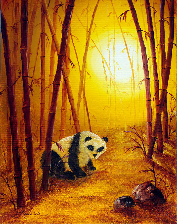 Panda in Sunset Bamboo Painting by Laura Iverson