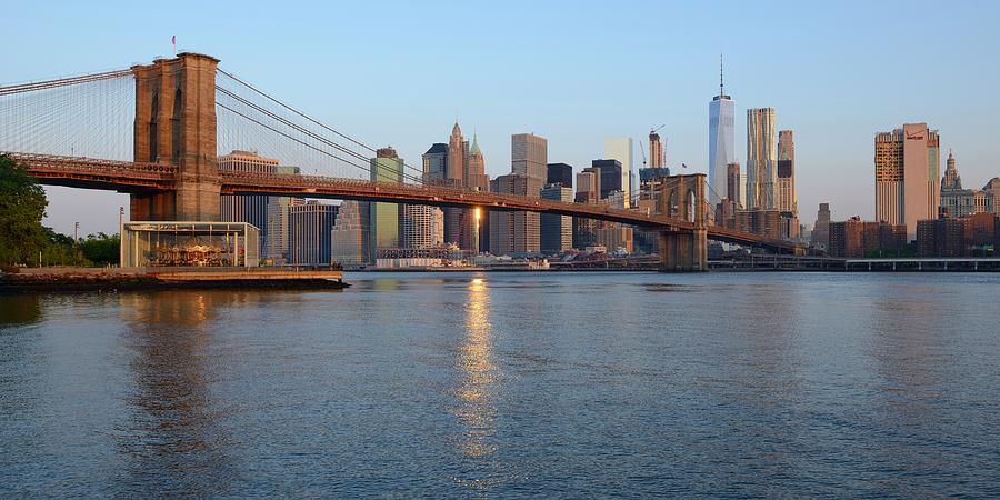 Panorama Brooklyn Bridge with New York City skyline at sunrise ...