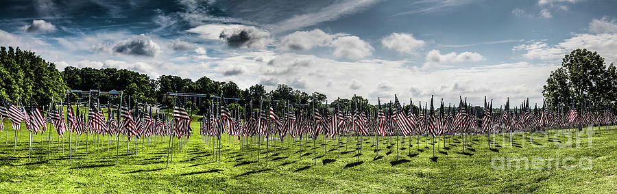Panorama of American flags honoring personal heroes, Bohrer Park Photograph by Thomas Marchessault