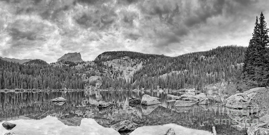 Panorama of Bear Lake and Halletts Peak in Monochrome - Rocky Mountain National Park Estes Park Colo Photograph by Silvio Ligutti