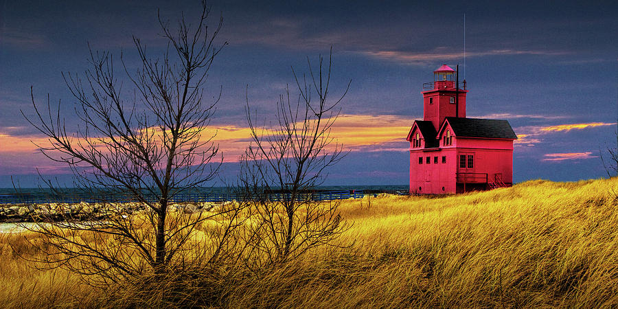 Panorama of Big Red Lighthouse by Holland Michigan at Sunset in Fall Photograph by Randall Nyhof