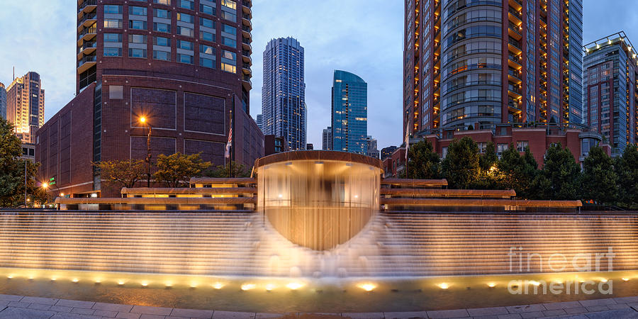 Panorama of Centennial Fountains at Twilight Chicago River - Near North Side Chicago Illinois Photograph by Silvio Ligutti