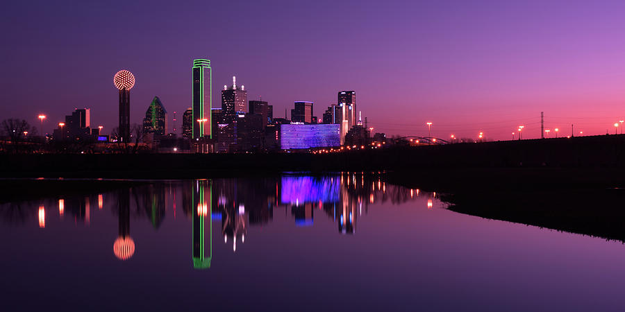Panorama of Dallas Skyline with reflection at dawn Photograph by Mati Krimerman