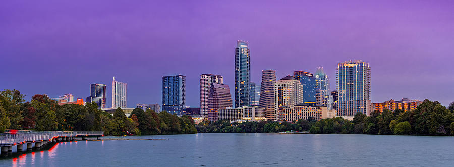 Panorama of Downtown Austin Skyline from the Lady Bird Lake Boardwalk Trail - Texas Hill Country Photograph by Silvio Ligutti