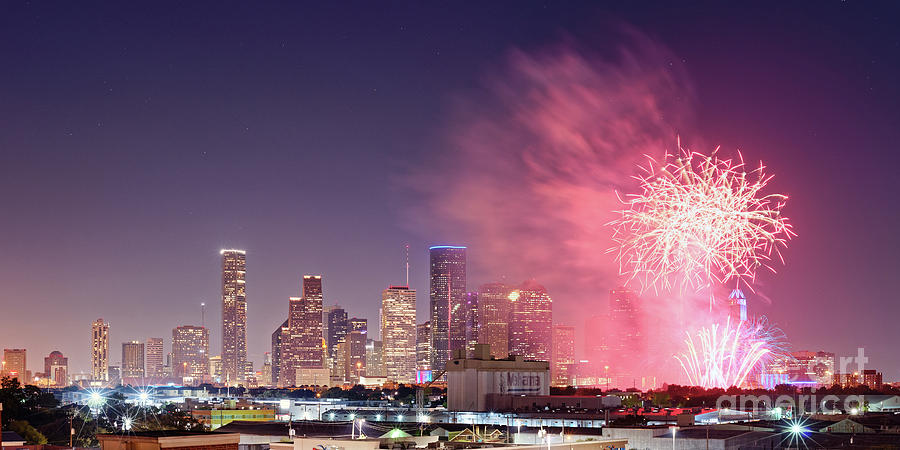 Panorama of Downtown Houston Skyline Fireworks on the 4th of July - Harris County Texas Photograph by Silvio Ligutti