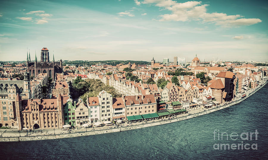 Panorama of Gdansk old town and Motlawa river in Poland. Vintage Photograph by Michal Bednarek