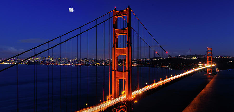 Panorama Of Golden Gate Bridge And San Francisco Skyline At Nigh