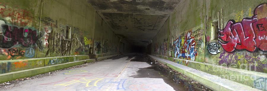 Panorama of graffiti in abandoned tunnel Photograph by Karen Foley