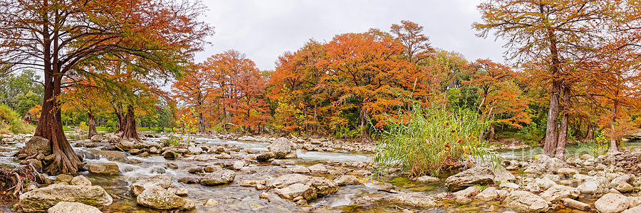 Fall Photograph - Panorama of Guadalupe River and Bald Cypresses at Gruene - New Braunfels Texas Hill Country by Silvio Ligutti