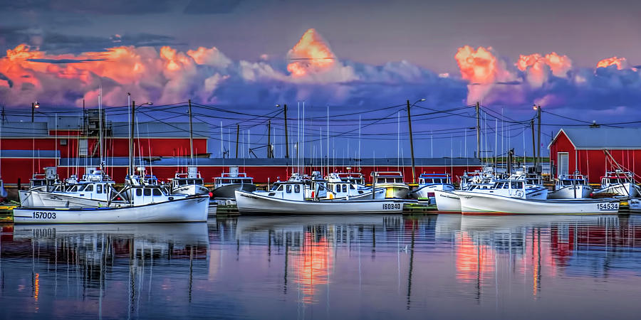 Panorama of Harbor with Fishing Fleet in Cascumpec Bay at Sunset on Prince Edward Island Photograph by Randall Nyhof